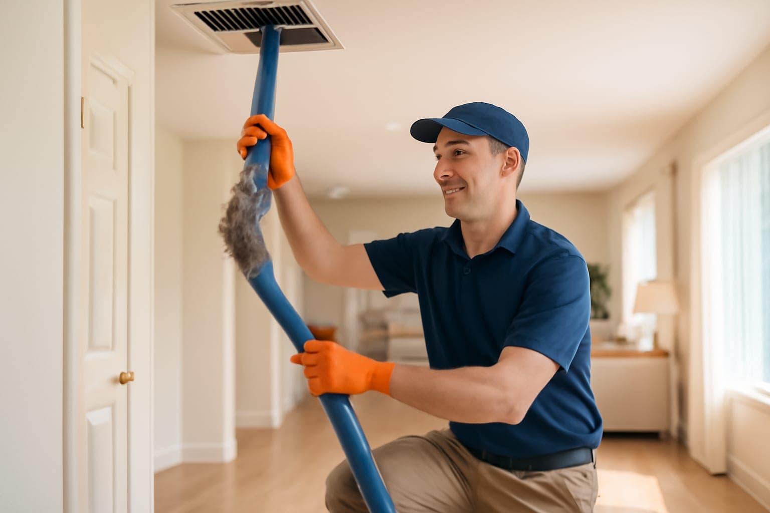 Professional air duct cleaning technician pulling dust out of a Houston home AC vent