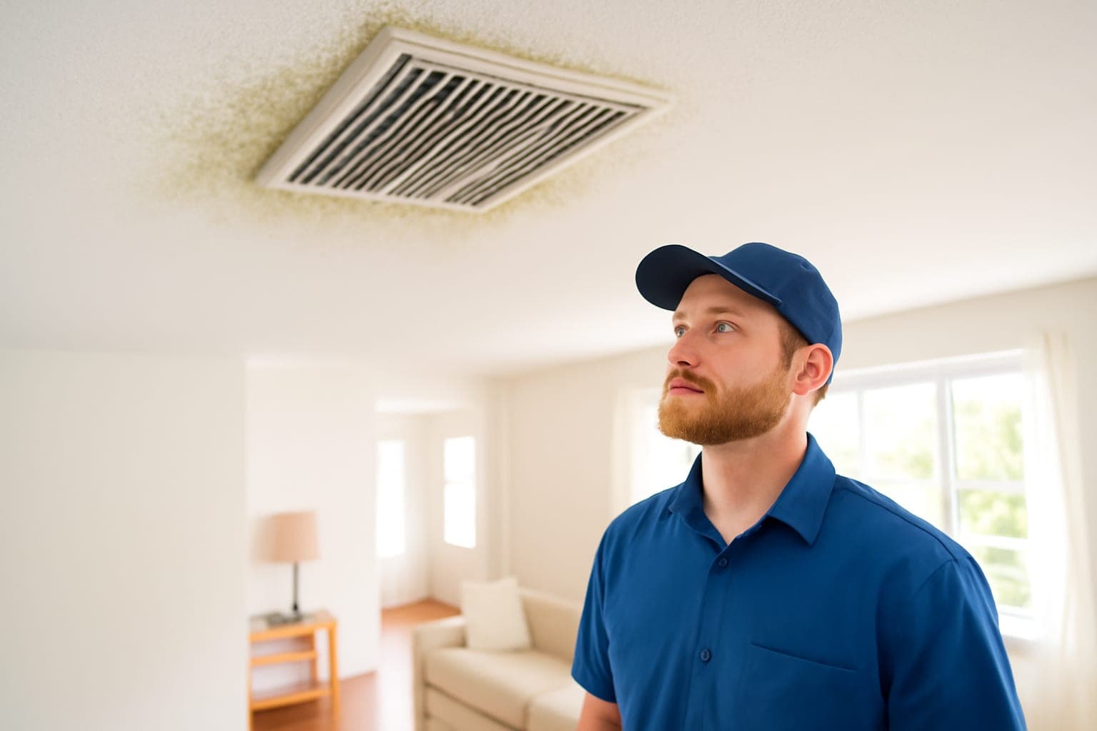 AC supply vent in a Houston home coated with dust and pollen buildup around the register