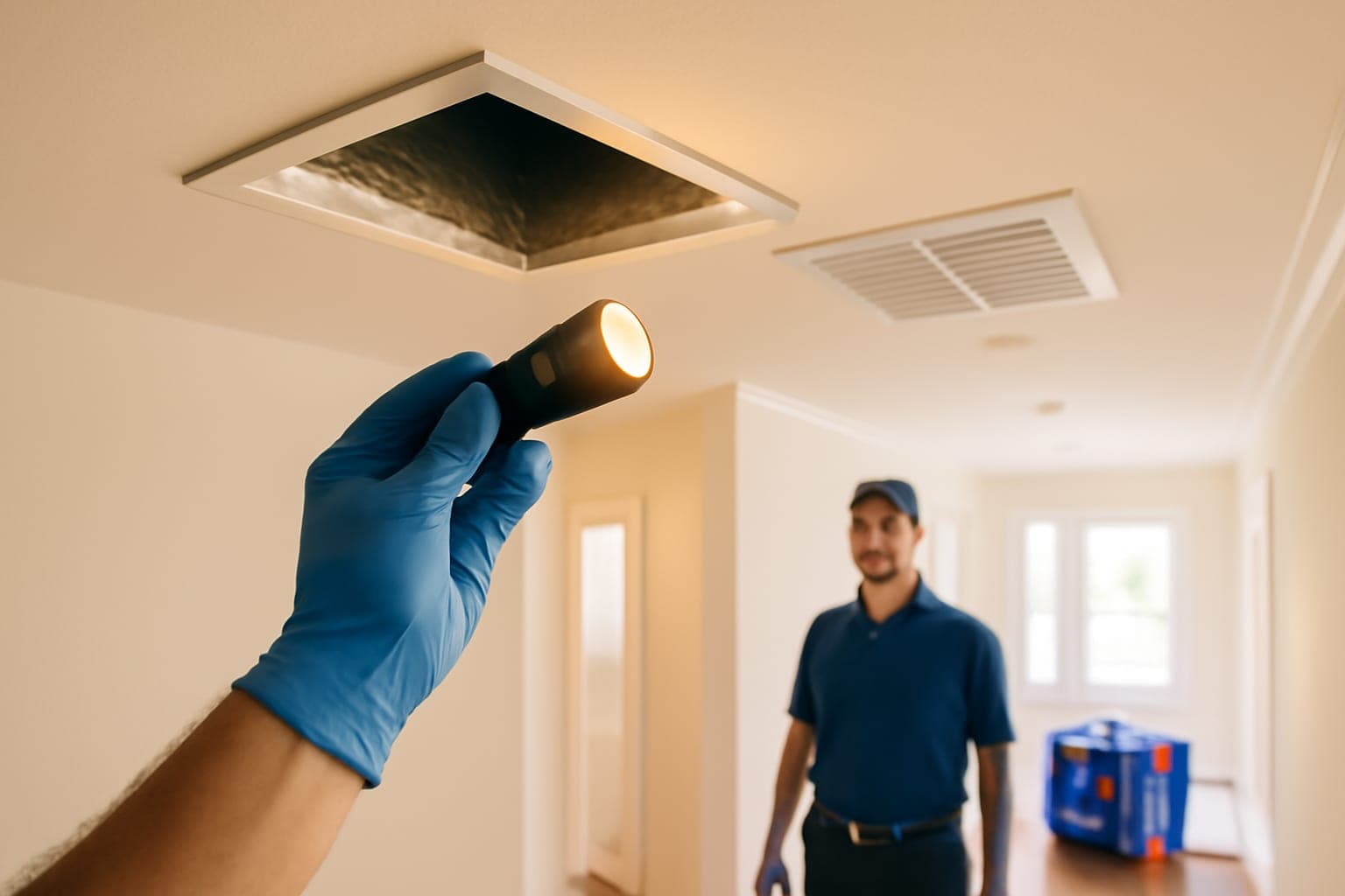 Flashlight inspection revealing dark mold spots inside a Houston home's AC supply duct