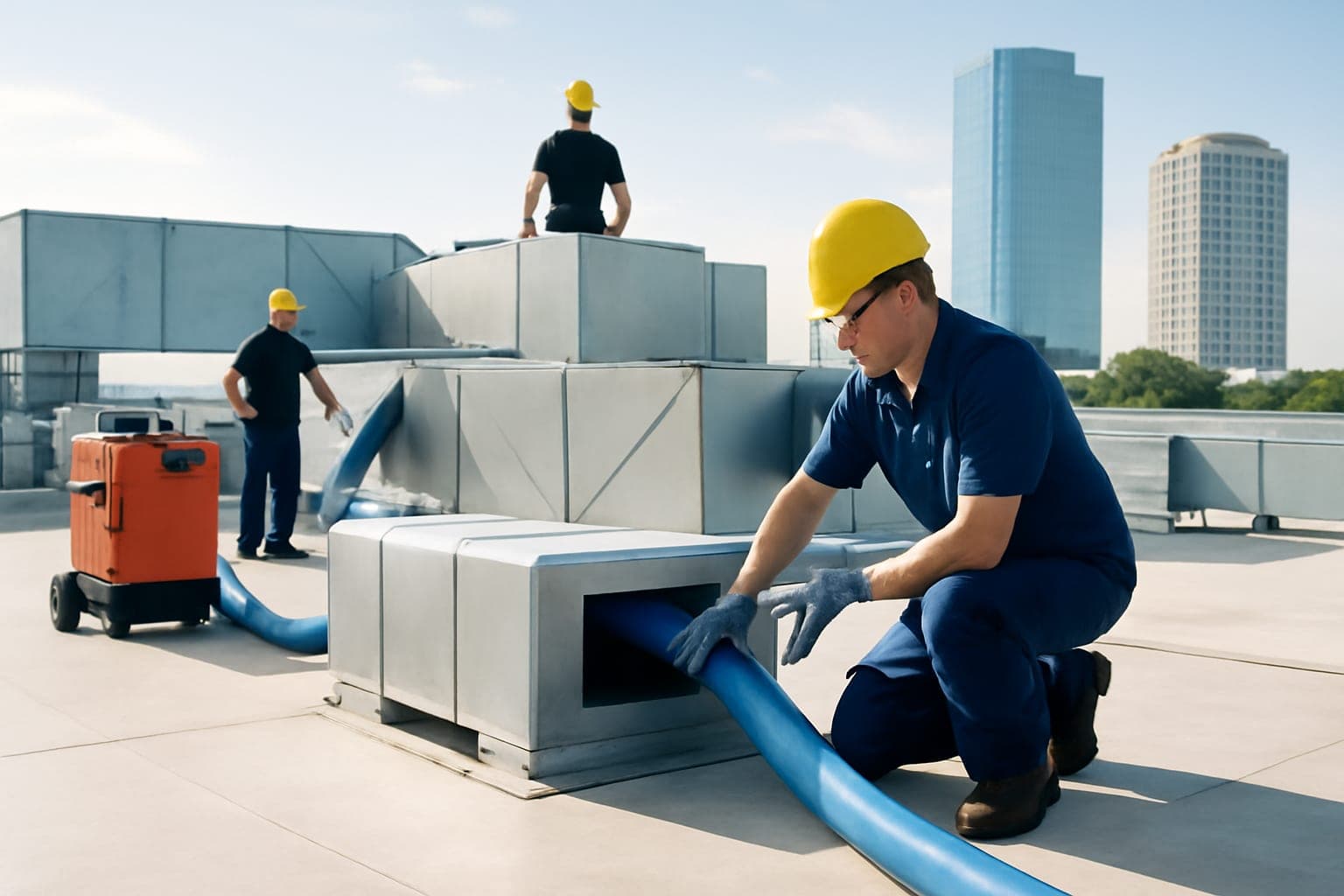 Commercial air duct cleaning crew servicing rooftop HVAC ductwork at a Houston office building