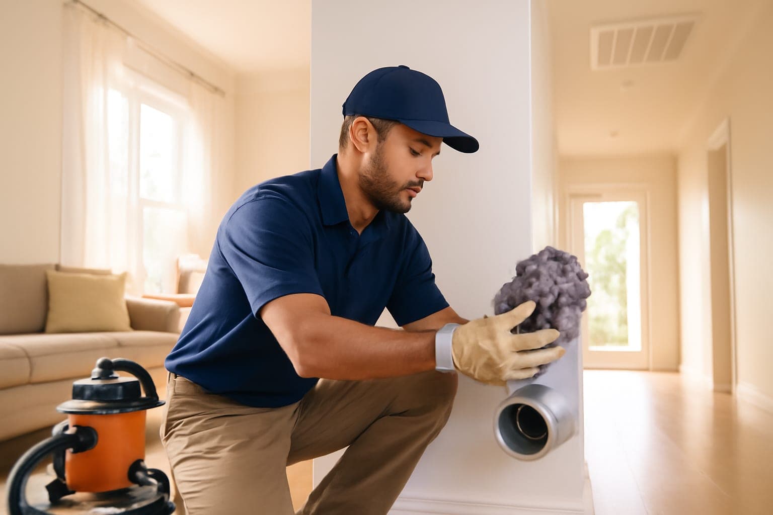 Technician removing a thick clog of lint from a Houston home dryer vent line